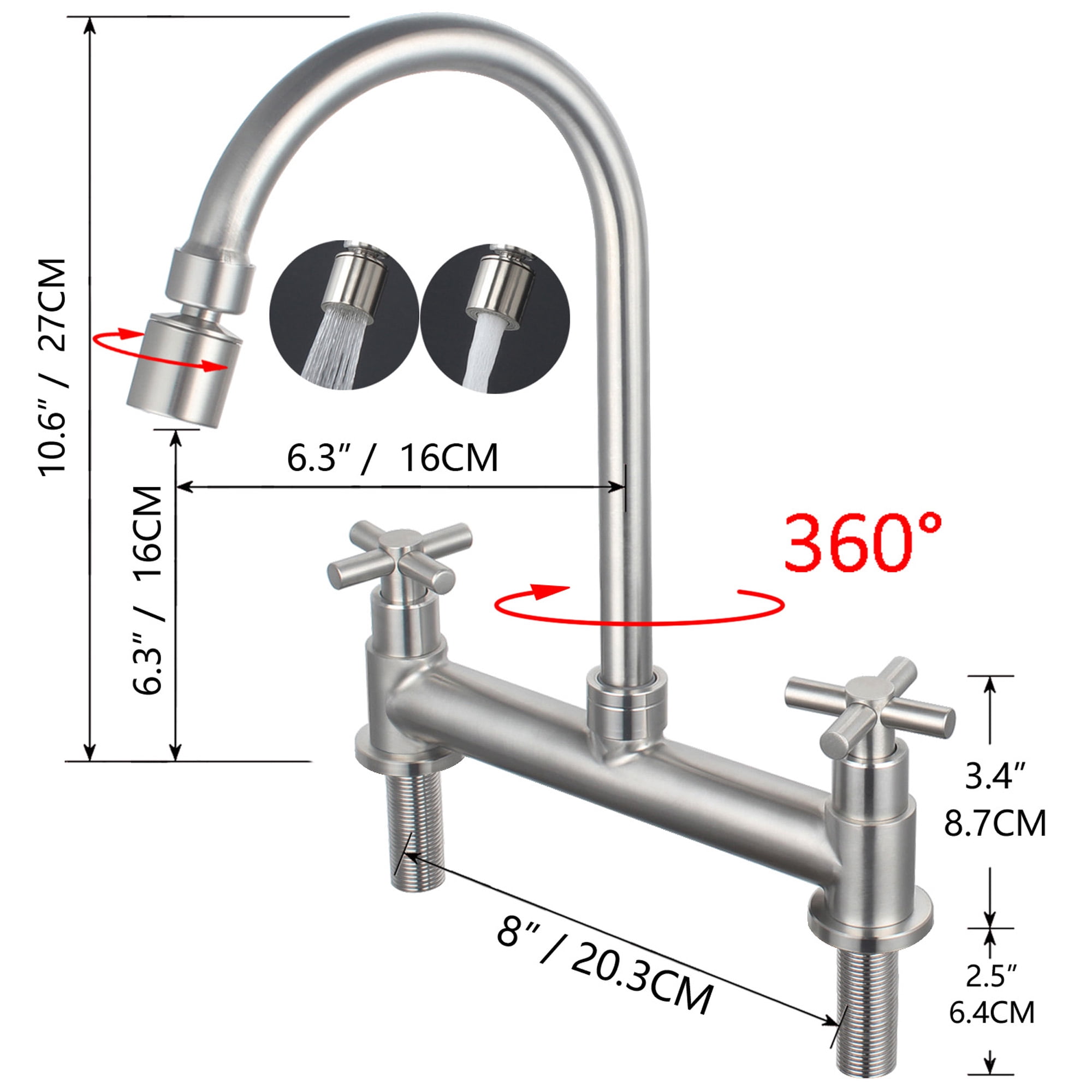 UMANYI Kitchen Faucet Deck Mount 8" Spread 2 Hole Double Handle Utility Sink Faucet Bridge Commercial Faucet with Aerator Sprayer 6" Spout