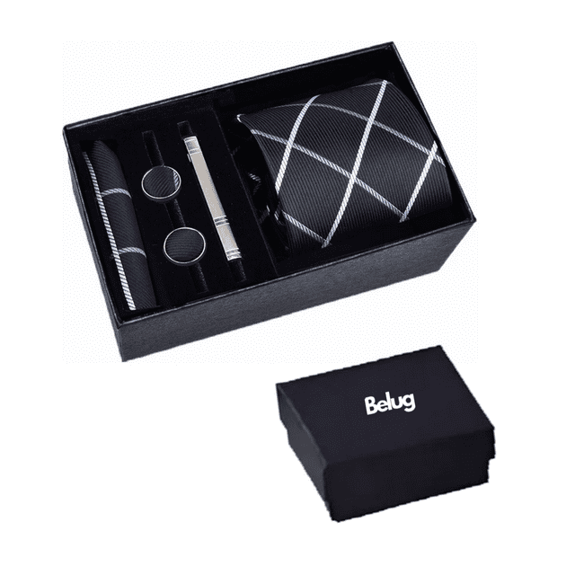 Classic Set Corbata Pañuelo Mancuernilla Hombre 5 Piezas negra rallada Belug Negro