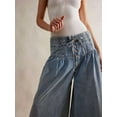 thumbnail image 2 of Women'S Baggy Wide Leg Denim Pants Drawstring Midi Waisted Flare Jeans Ruffle Pleated Button Jeans Light Blue S, 2 of 7