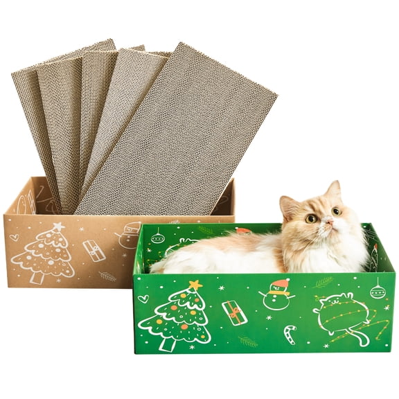 MWPO 5 Pack Cat Scratcher Cardboard, Reversible Corrugated Cardboard Cat Scratching Pad Set with Green Box
