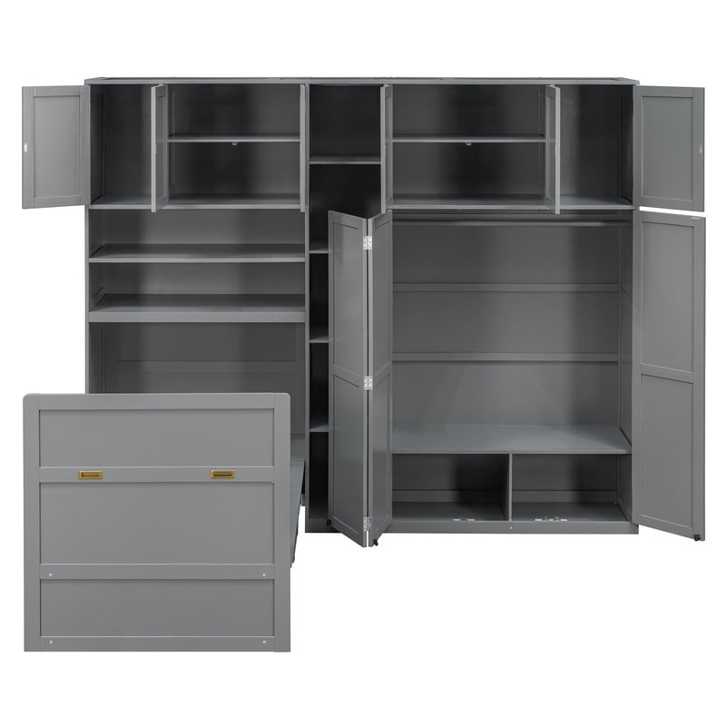 Twin Size Pull Out Murphy Bed with Wardrobe & Shelves, Storage Platform Bed Frame with LED Display Shelves & Overhead Cabinets