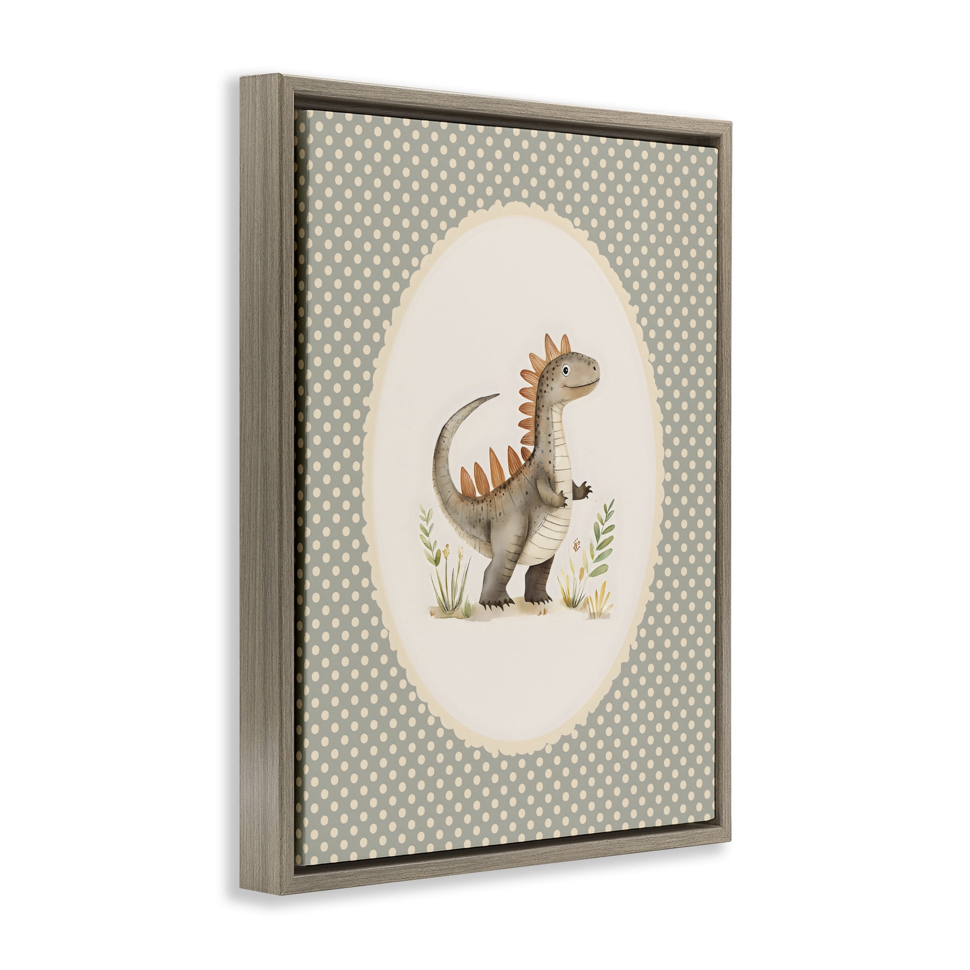 Stupell Industries Watercolor Dinosaur Polka Dot Border Brown Framed Floater Canvas Wall Art, design by LSR Design Studio