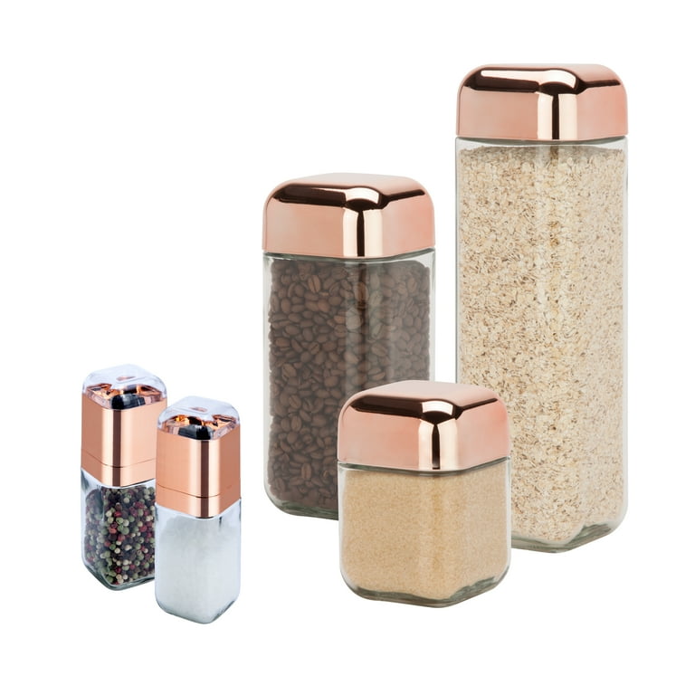 Honey Can Do Rose Gold Salt Pepper Mills plus 3 Piece Glass Jar Storage Set