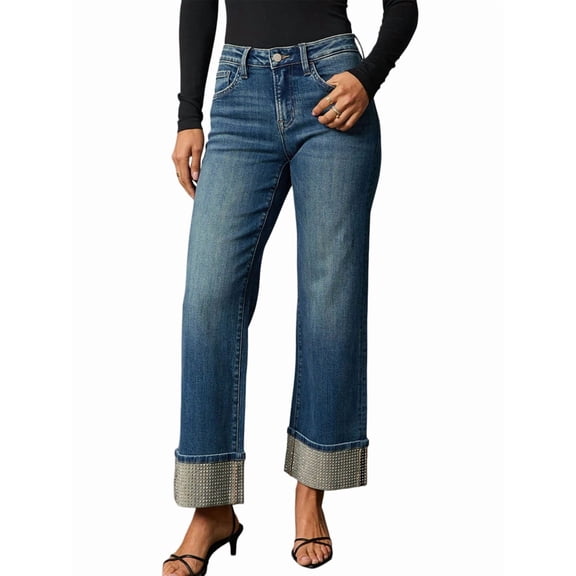 Women'S High Waisted Straight Leg Jeans Rhinestone Sparkle Stretch Trendy Streetwear Jeans XL