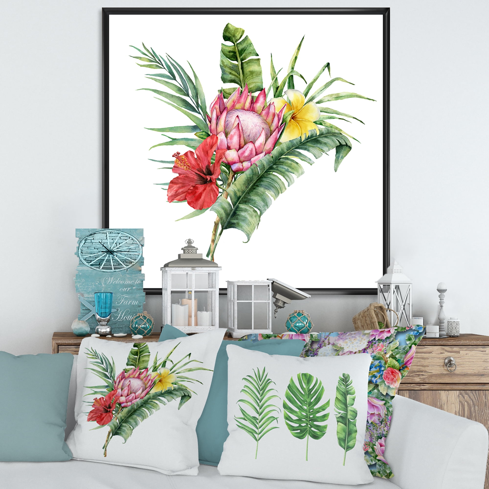 Flowers Bouquet With Protea Plumeria Hibiscus 36 in x 36 in Framed Painting Canvas Art Print, by Designart