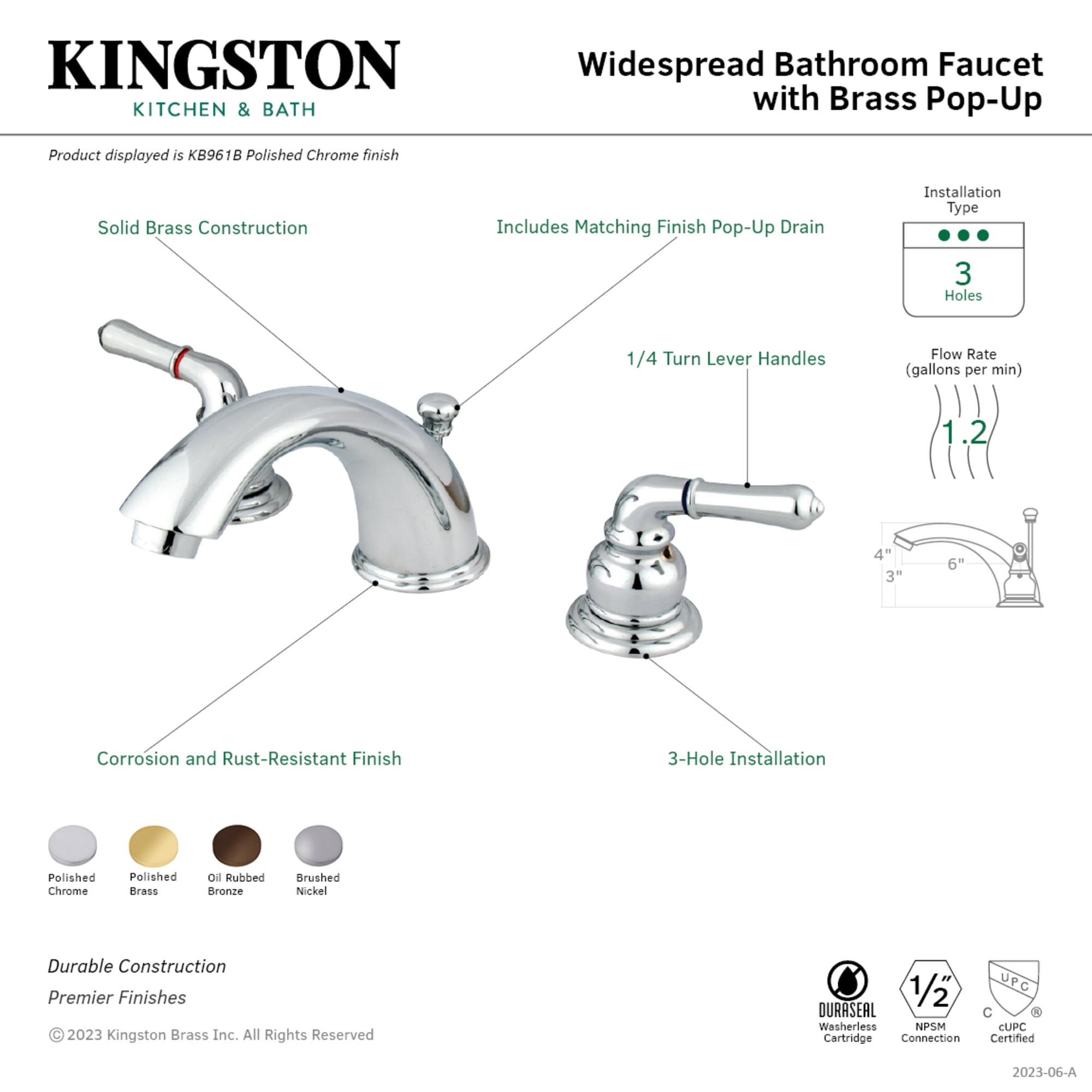Kingston Brass KB965B Magellan Widespread Bathroom Faucet with Brass Pop-Up, Oil Rubbed Bronze