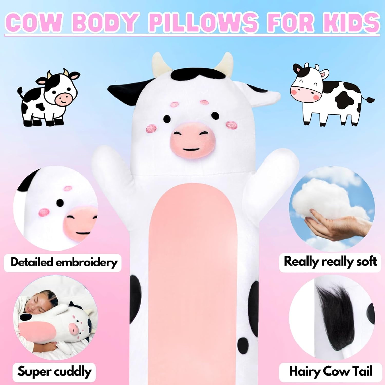 Cuddle Paws Cow Body Pillow for Kids 47 inches Cow Print Stuff Cow Pillow Cow Gifts Cow Plush Cow Toys Cuddle Pillow Gift for Kids Gift for