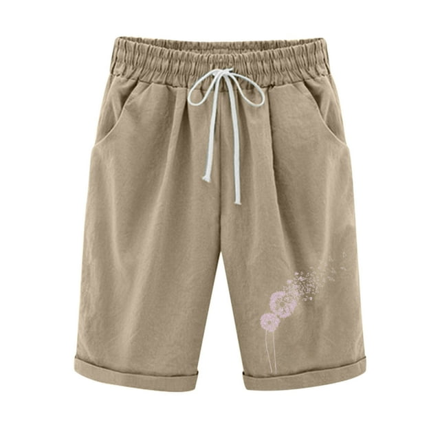 Timegard Plus Size Shorts for Women Cotton Linen Elastic Waist Drawstring Ruched Casual Loose Shorts