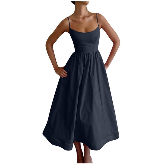 LOVZFMLL Summer Dresses for Women 2025 Elegant Classy Wedding Guest Dress Spaghetti Strap Swing Flowy Maxi Wrap Sundress Dark Blue L
