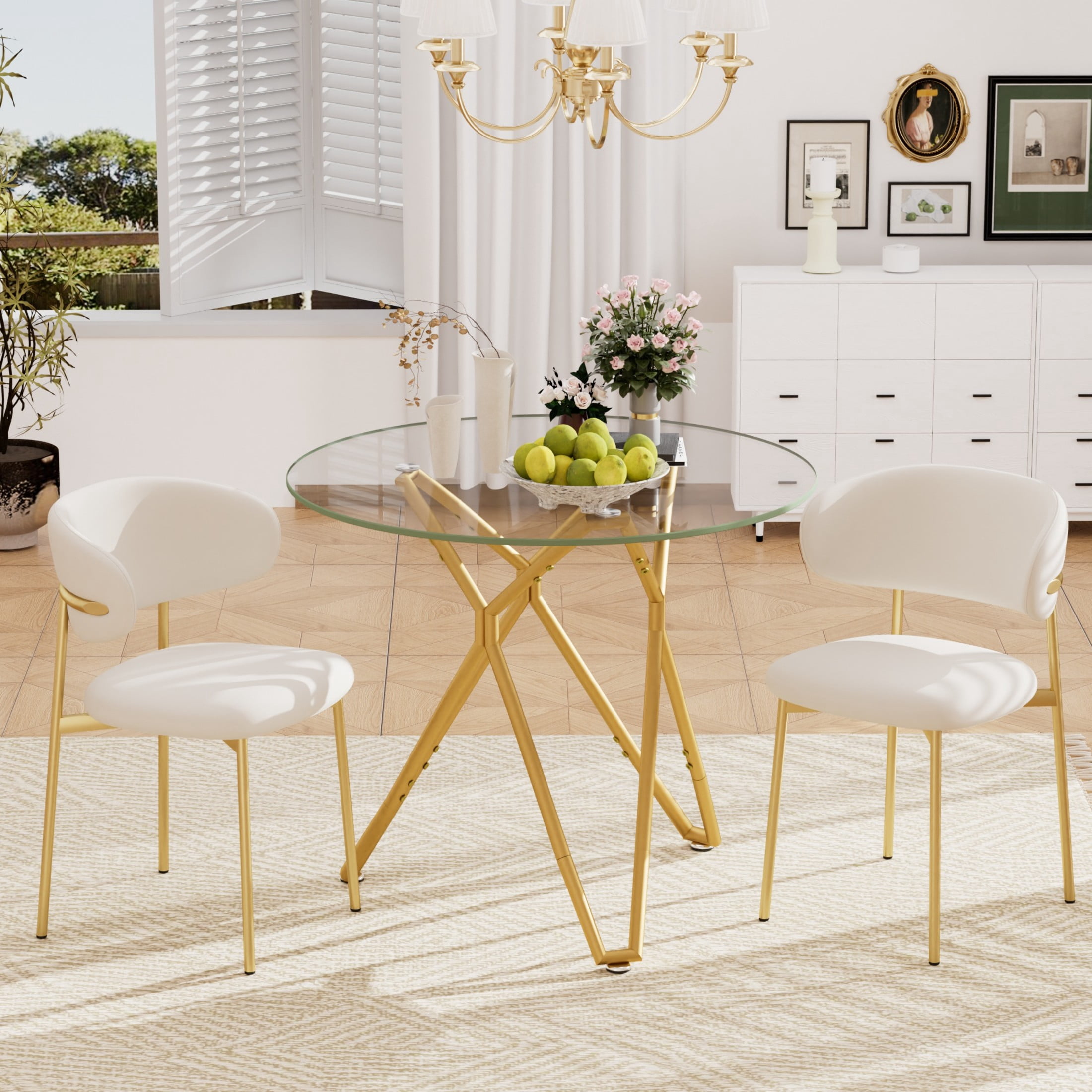 Noble House 35.4" Round Dining Table, Small Modern Kitchen Table with Tempered Glas, Dining Room Furniture, Gold