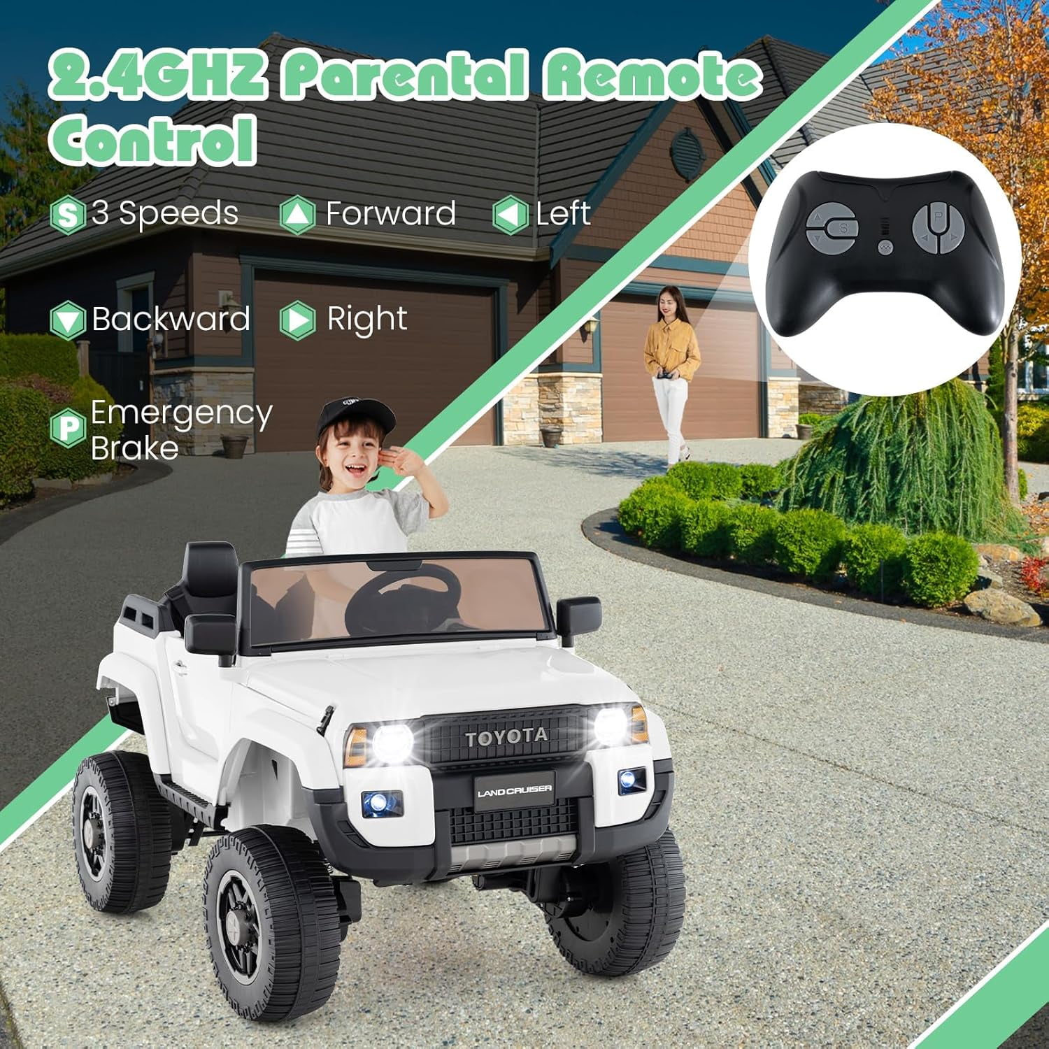 Licensed Toyota LC250 24V 2 Seater Ride on Truck by OLAKIDS, 2WD/4WD Battery Powered Vehicle with Remote Control, 3 Speeds, Music, Lights, Kids Electric Car for 3+ Boys Girls