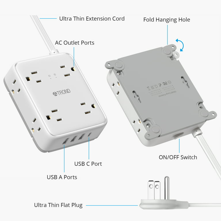  TROND Ultra Thin Flat Plug 3ft Extension Cord 1625W+