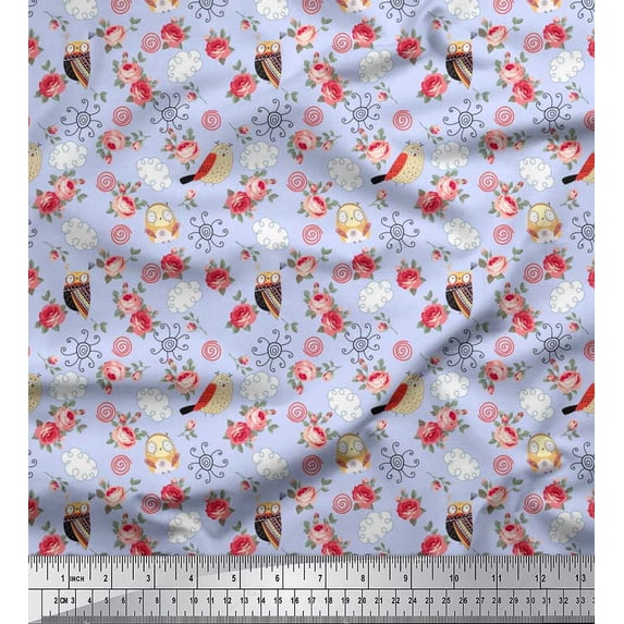 Soimoi Silk Fabric Spiral,Owl & Rose Floral Print Fabric by The Yard 42 Inch Wide
