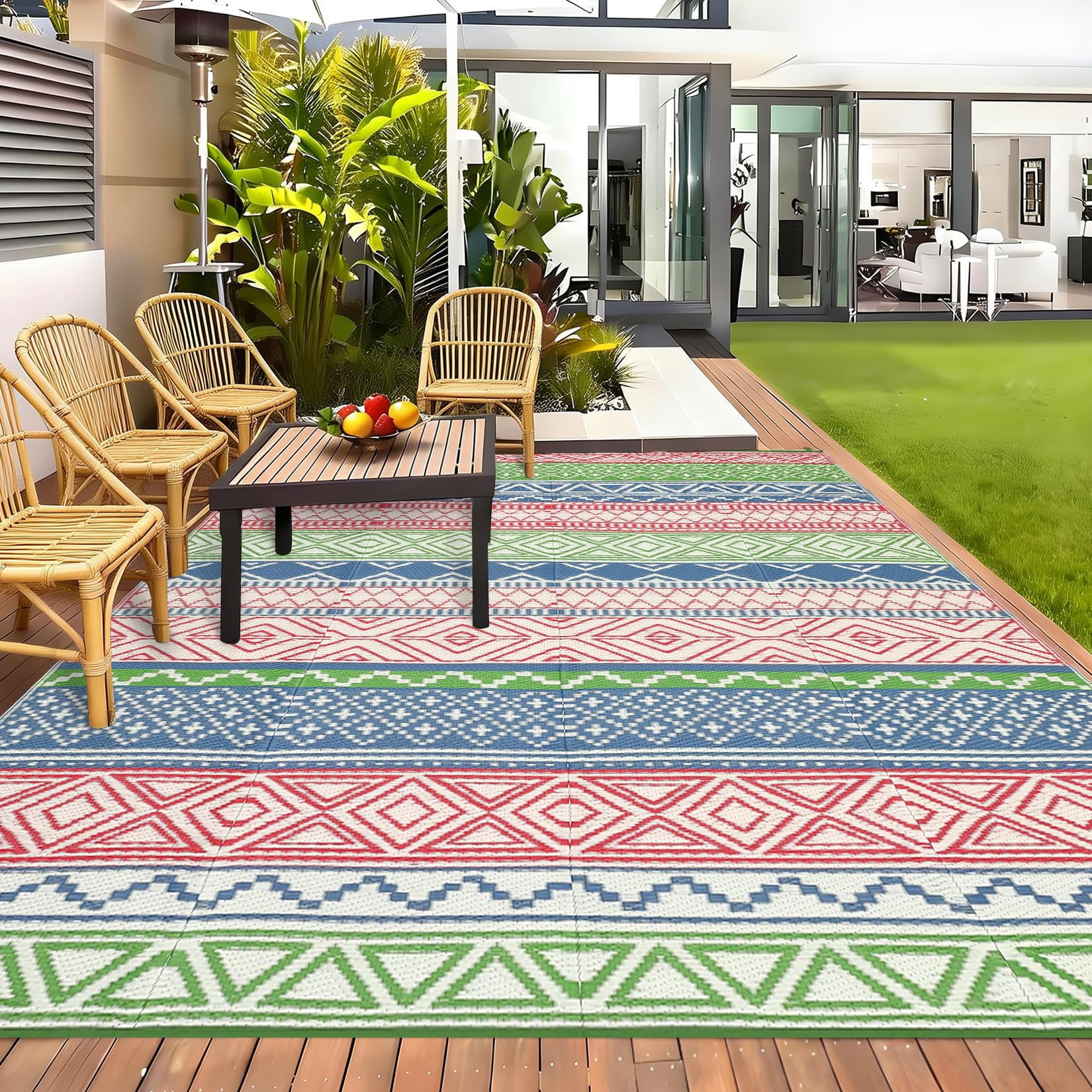 Waterproof & Reversible Outdoor Rug – Durable Patio Carpet for Camping, RV, Deck, Picnic, Porch, Backyard – Lightweight, UV & mark Resistant