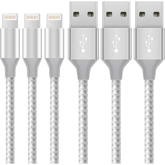 iPhone Charger Cable 3Pack 3FT/1M Nylon Braided Fast Charging & Sync Charger Wire Compatible with XS/XR/X/8/8 Plus/7/6/6 plus/5/5S, iPad Pro/Air/mini and More Silver