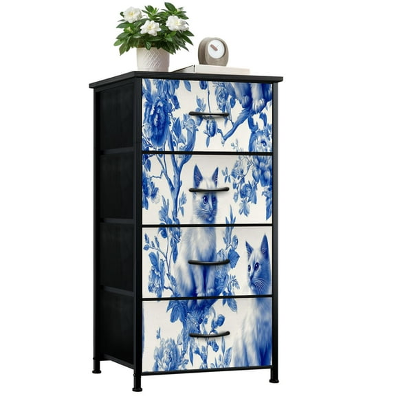Vintage Dresser for Bedroom with 4 Storage Drawers Blue White Kittens Floral Branches Vintage Porcelain Style Dressers Chest of Drawers Steel Framed Fabric Closet Organizers for Nursery Entryway