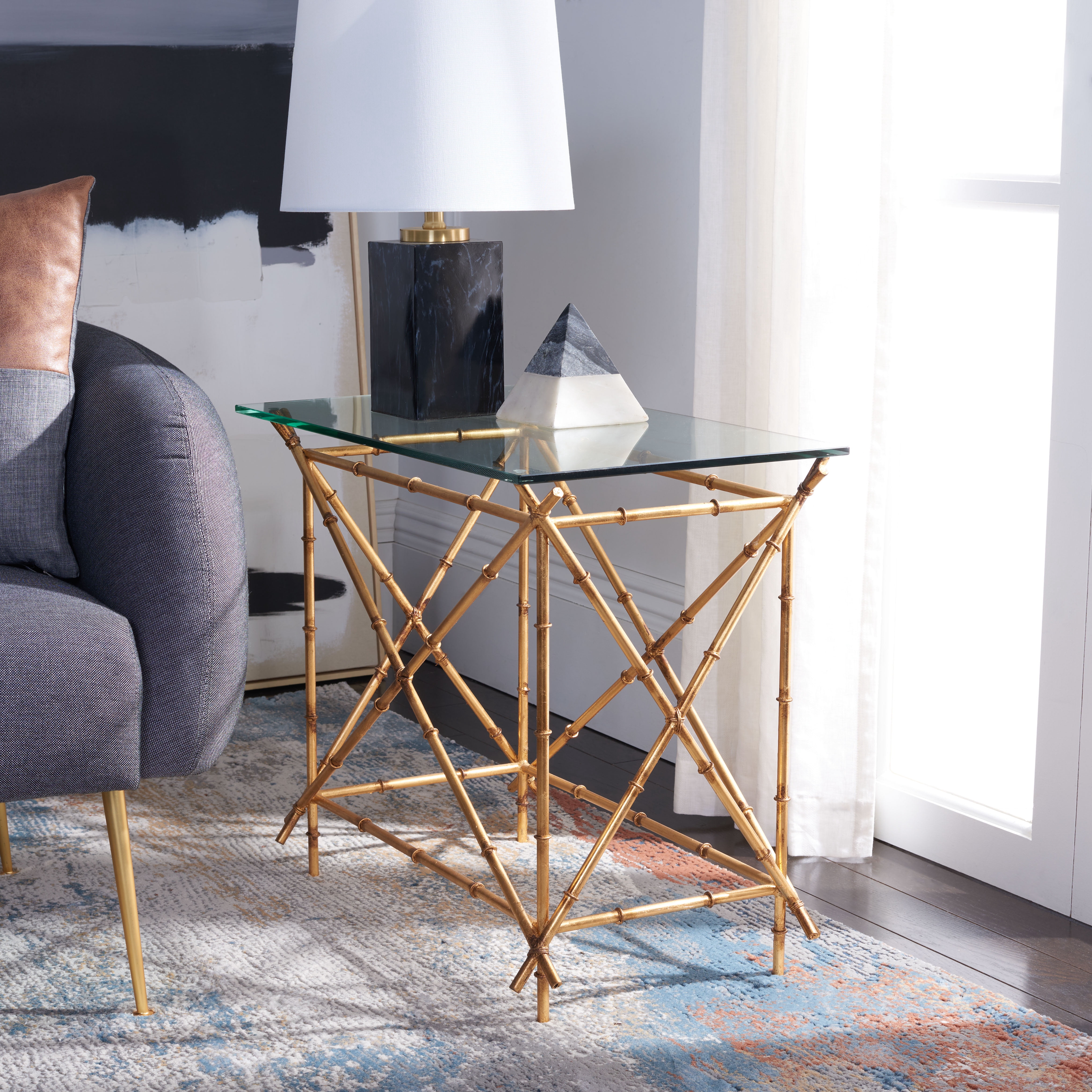 SAFAVIEH Mark 23.2 in. H Cross Accent Table, Clear Glass Top/Gold Legs