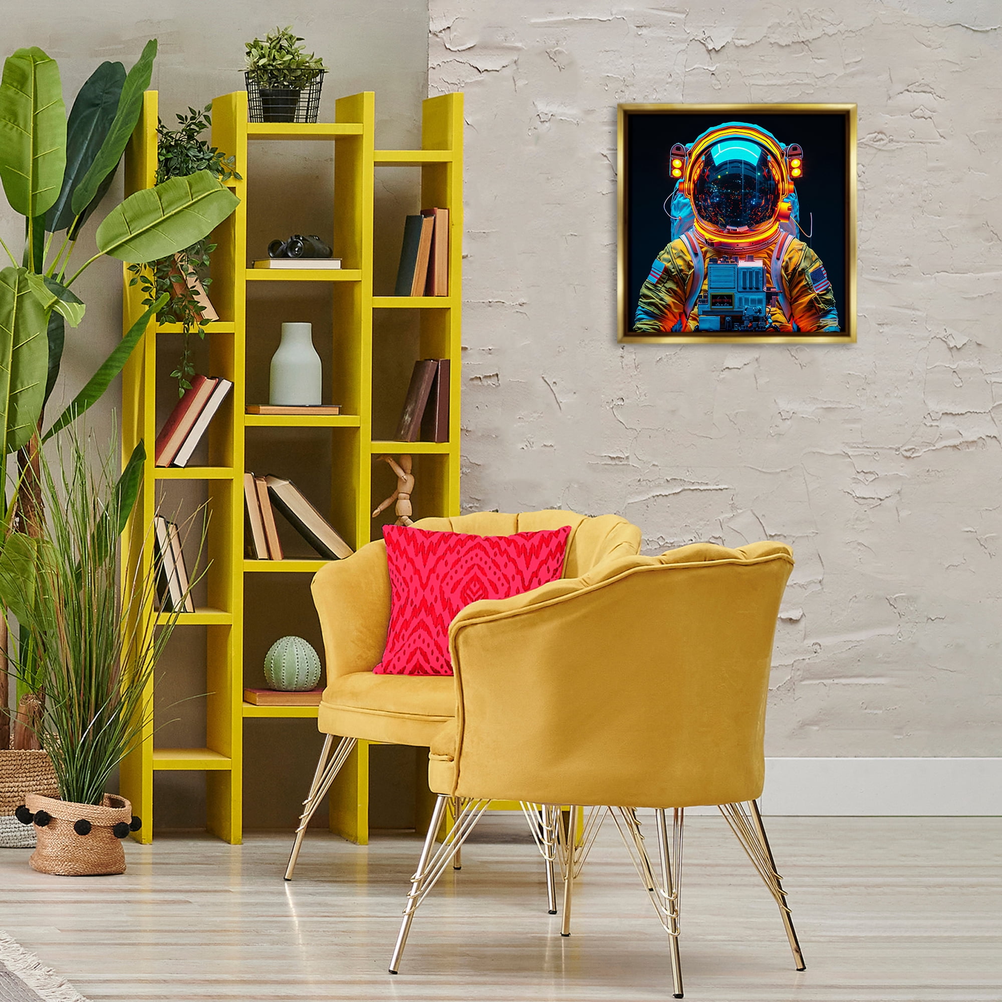 Stupell Industries Astronaut with Reflective Helmet Astrology & Stars Painting Gold Floater Framed Canvas Art Print Wall Art, 18 x 18