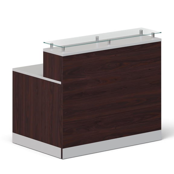 NBF Signature Series Esquire Reception Desk Glass Top, Mahogany Silver Laminate Desk 48”Wx32”D