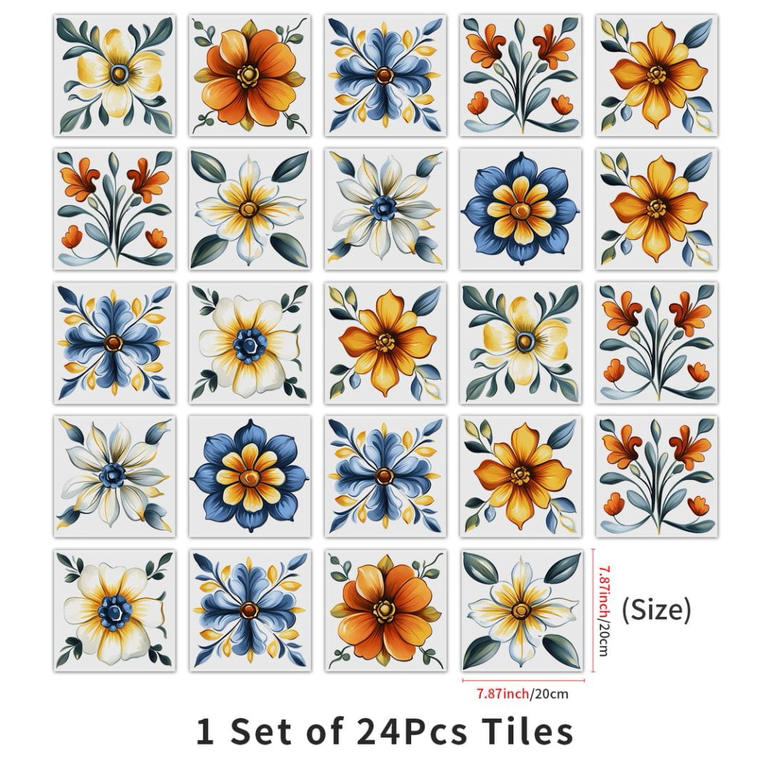 24 Pcs Self Adhesive Tiles Stickers 8 x 8inches Blue Gold Flowers Pattern Wall Decals DIY Decor Peel and Stick Waterproof Tile Kitchen Backsplash
