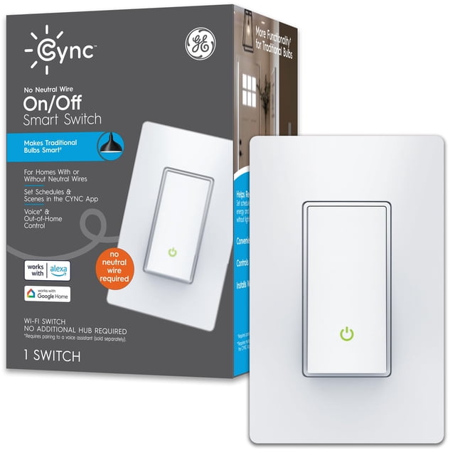 C by GE Interruptor Inteligente de 3 Cables con Encendido/apagado Funciona con Alexa + Google Home sin Concentrador, Interruptor Inteligente Estilo Paddle, Repuesto Unipolar de 3 Vías, Blanco