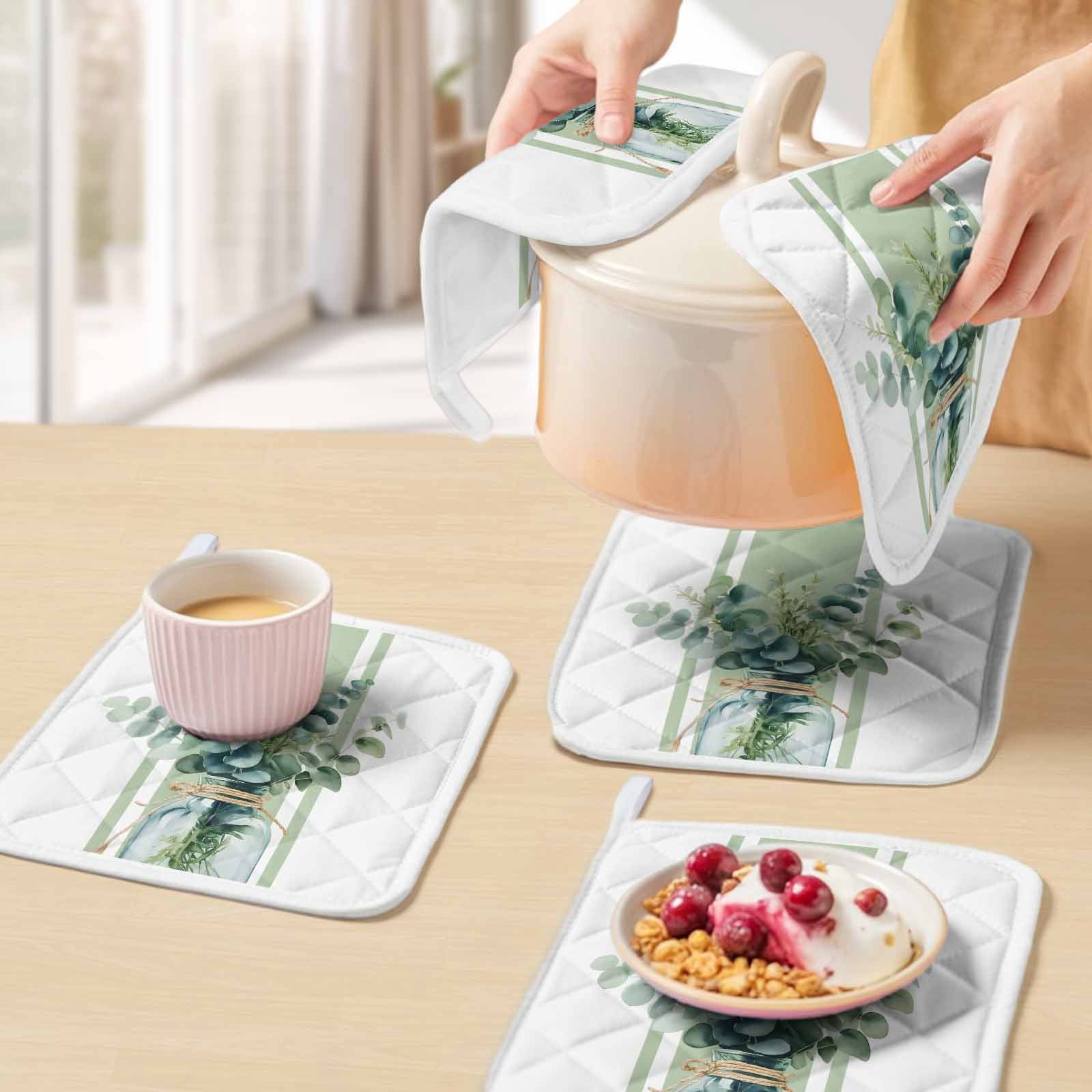 Sage Green Eucalyptus Leaves Pot Holders for Kitchen Heatproof Potholder, 4 Pack Farmhouse Stripe Botanical Hot Pads Multipurpose Oven Pads Cloth Potholders Trivet for Cooking and Baking