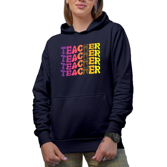 Teacher, School or Teaching Themed, Groovy Retro Wavy Text Merch Gift, Navy Blue Hooded Sweatshirt or Hoodie, 2XL