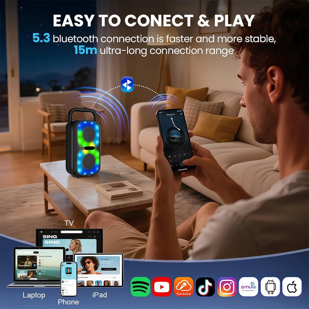 Rechargeable Bluetooth Speaker - RGB Lights, TWS Stereo Pairing, 10m Stable Connection, 1500mAh Type-C Charging, USB/TF/FM/Mic, Portable Handle for Outdoor/Party/Camping