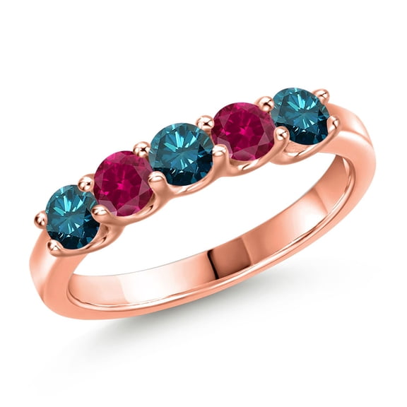 Gem Stone King 18K Rose Gold Plated Silver Blue Diamond and Red Created Ruby Wedding-Bands Ring for Women | 0.95 Cttw | Round 3.5MM | Gemstone April Birthstone | Size 6