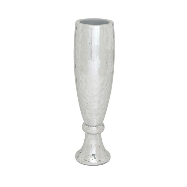 Decmode 8 W 32 H Polystone Glam Vase Silver 1 Piece Com Polystone Glam Vase Silver, Silver Polystone Mirror Mosaic Trumpet Floor Vase