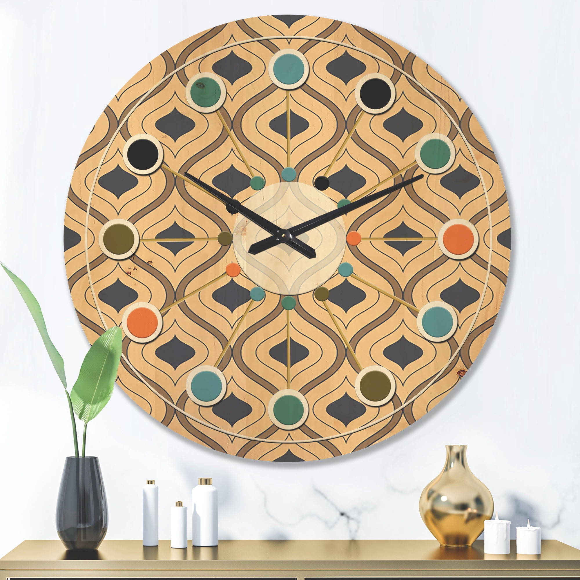 Designart 'Ornamental Retro Design VII' Mid-Century Modern Wood Wall Clock