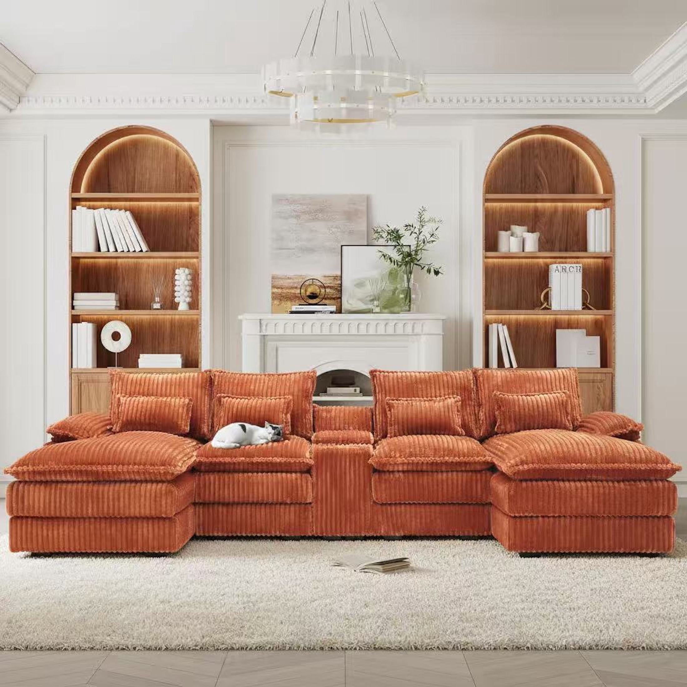 Aisword 124" U Shaped Cloud Couch Sectional with USB Charging, Hidden Storage, Cup Holders & Chenille Double Chaise, Orange