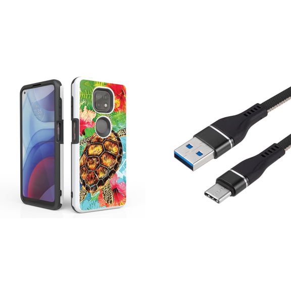 Bemz Accessory Bundle for Moto G Power (2021) Case with: Dual Shield Slim Rugged Hybrid Protective Cover, Fast Charging Sync USB-C to USB-A Cable (3 Feet) and Touch Tool - Sea Turtle