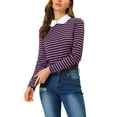 thumbnail image 6 of INSPIRE CHIC Women's Long Sleeve Top Contrast Striped Doll Collar Elastic Loop Back Casual Blouse XL Purple Black, 6 of 9