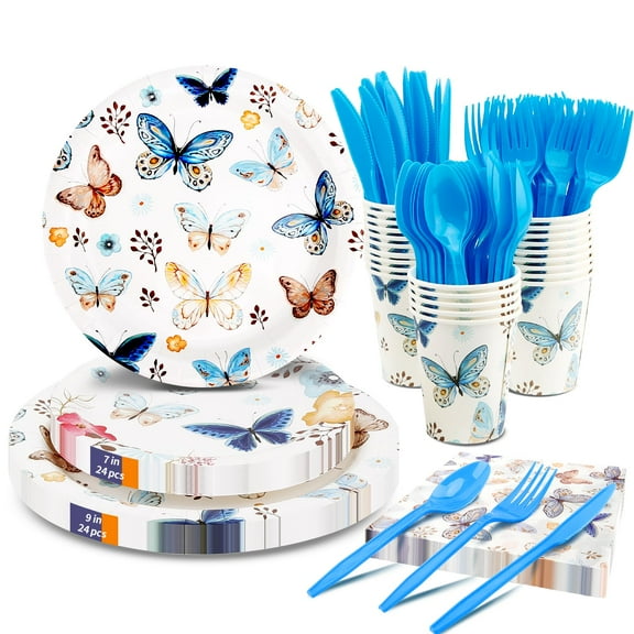 168 Pcs Blue Butterflies Party Supplies AFN1Party Plates and Napkins Sets, Disposable Paper Plates Plastic Forks Knives Spoons Cups for Birthday Baby Shower Wedding Decorations