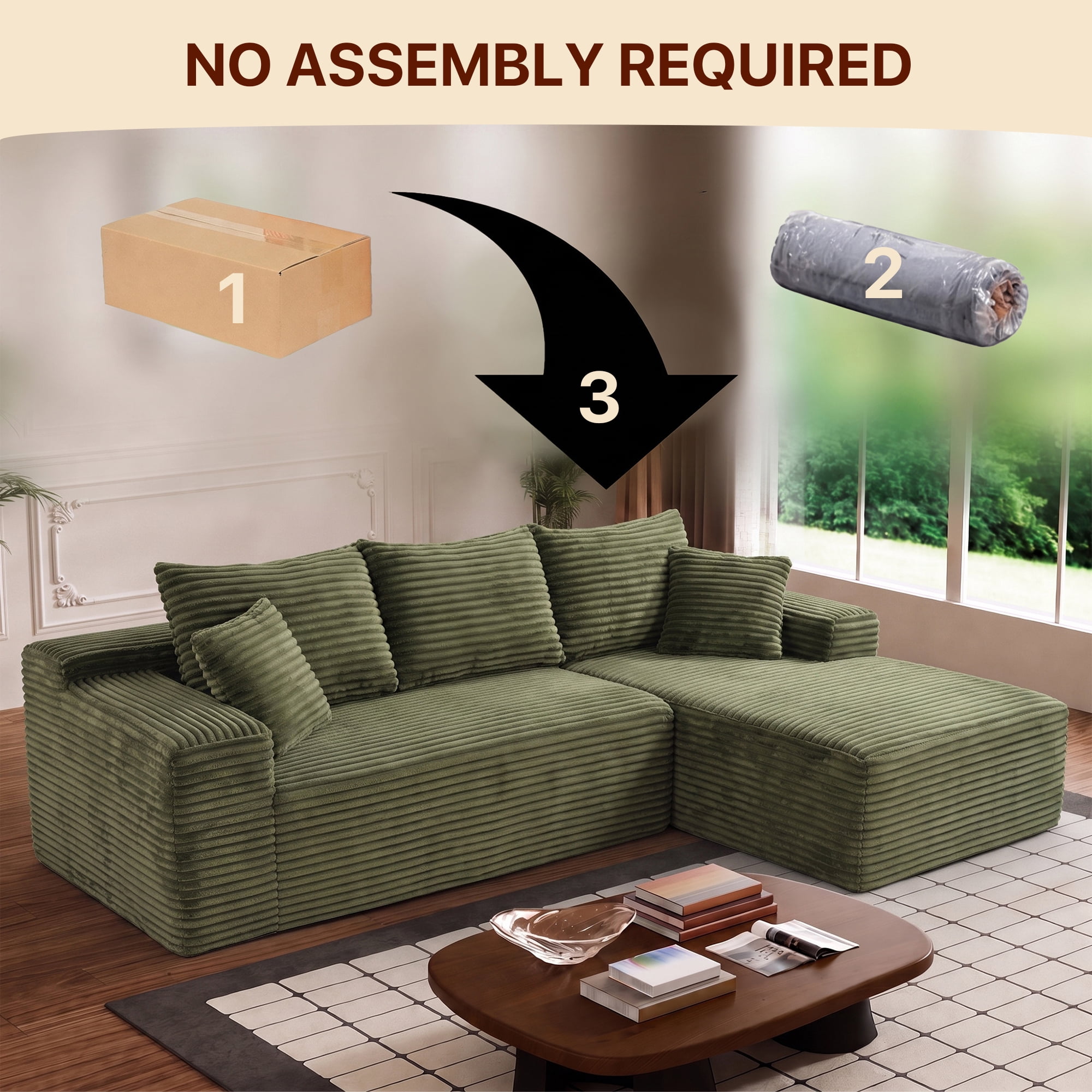 Aukfa 108" Cloud Sectional Sofa Deep Seat Boneless Couch Modular L-Shaped Couch, Rihgt Chaise Corduroy Sofa for Living Room, Green