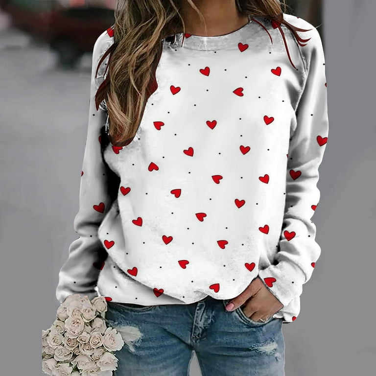 Graphic Long Sleeve Shirts For Women Valentines Day Love Heart Print  Sweatshirt Casual Crew-Neck Blouse Sweater Tops