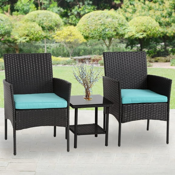 3 Pieces Outdoor Patio Furniture Wicker Table and Chairs Set Bar Set with Cushioned Tempered Glass,Blue