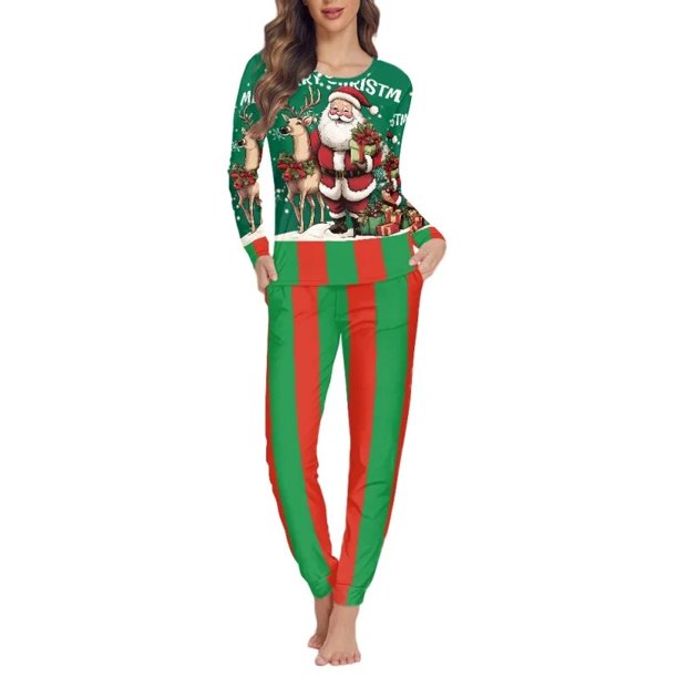 Conjunto de pijama de dos piezas con estampado navideño para mujer, ropa de dormir femenina, traje de manga larga, ropa de casa, ropa de estar por casa, otoño, envío directo