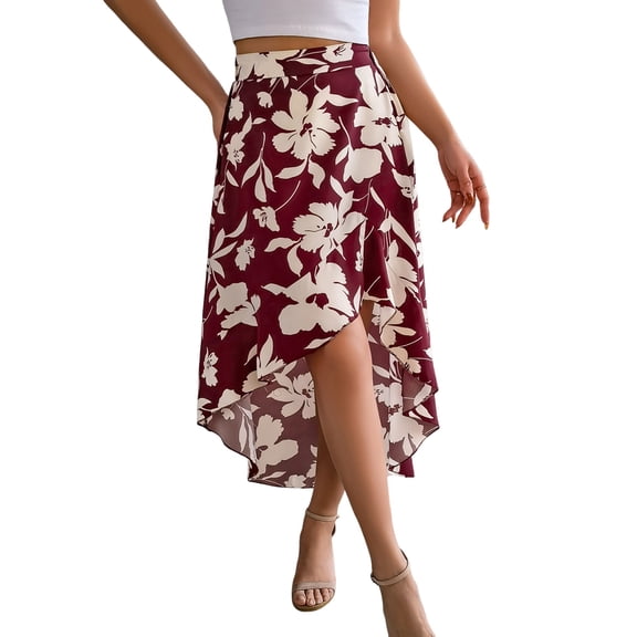 Women's Long Skirts Floral Elastic High Waist Asymmetrical Hem Skirt