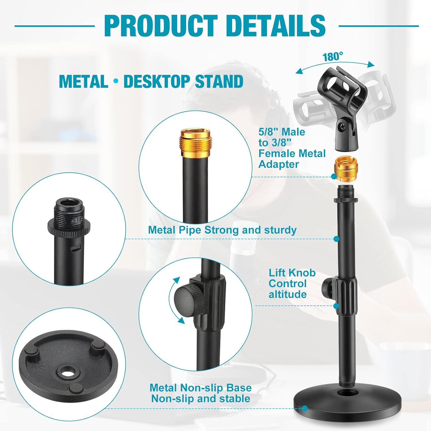 4 Pcs Desktop Mic Stand Adjustable Microphone Desk Stands with Metal Round Base for Table Interviews Black