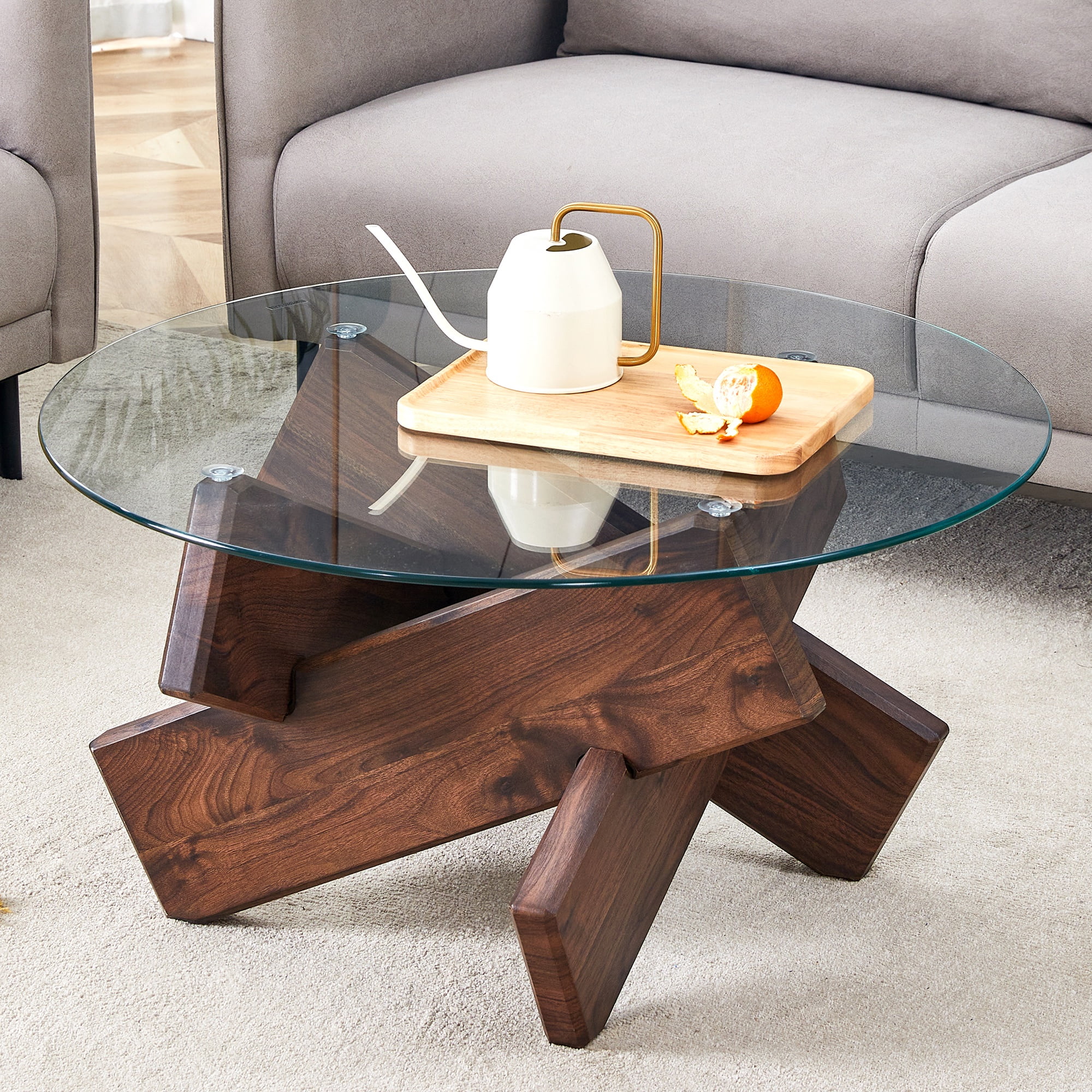 PORKISS Coffee Table, Glass Round Coffee Table for Living Room with Wood Legs, 33.4" Farmhouse Tea Table for Apartments, Reception Rooms, Center Table, Walnut