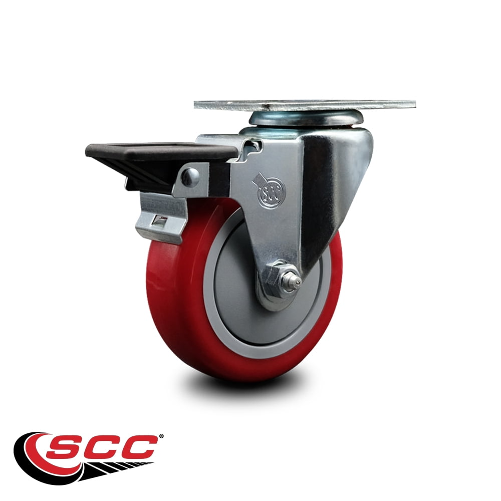 4 Inch Red Poly Wheel Swivel Top Plate Caster Posi Brake Service Caster