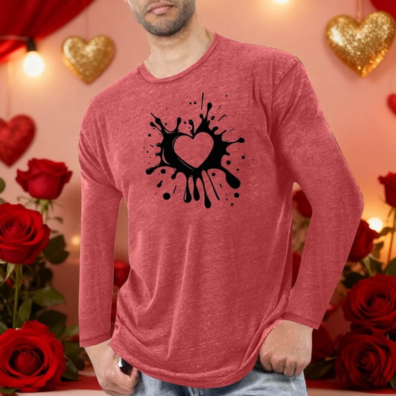 Xdegoge Long Sleeve T Shirt for Men Valentine's Day Heart Graphic Crew Neck Shirts Loose Fit Trendy Loungewear Spring Summer Tops
