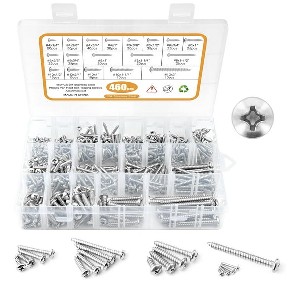 shiyou-460PCS Stainless Steel Wood Screws Assortment Kit, 18 Sizes #4#6#8#10#12 Phillips Pan Head Sheet Metal Screws Self Tapping Screws Set for Wood Deck Drywall Concrete Screws, Length 1/4" to 2"