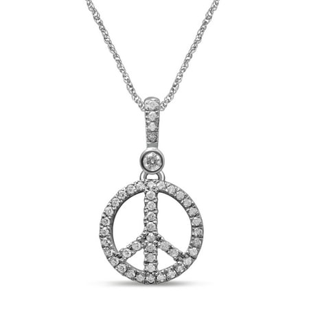 - 10K White Gold 1/5 Cttw Diamond Peace Fashion Pendant Necklace