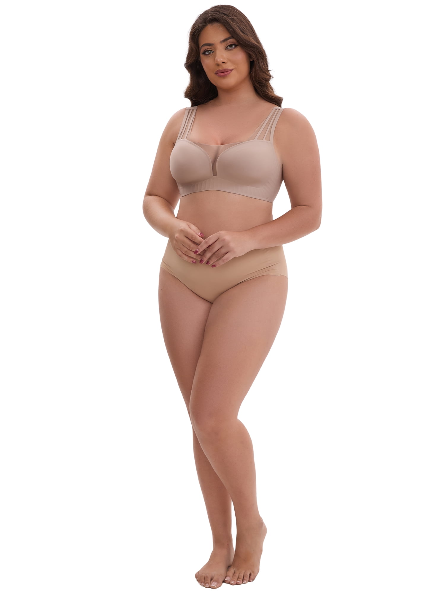 DARING DIVA Mesh Wireless Push Up Wide Straps V-Neck Lightweight Bra L Light Brown