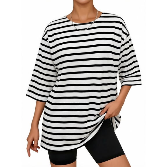MOYIKO Striped T Shirts for Women 3/4 Length Sleeve Crewneck Casual Loose Fit Tees Summer Tops