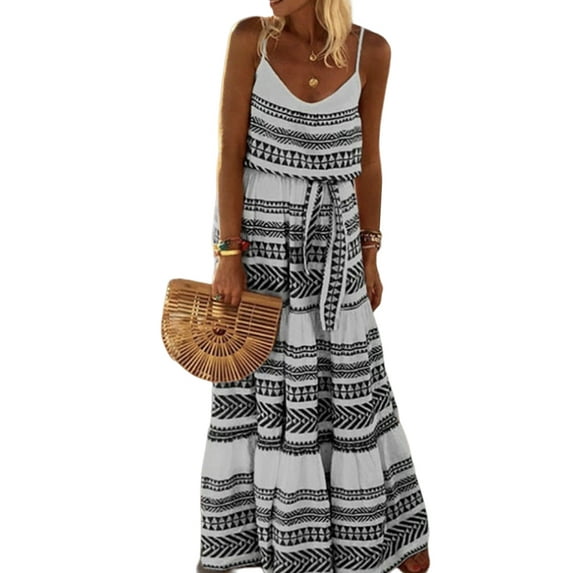 Gvmfive Women Summer Boho Beach Long Dress Sleeveless Tie Up Ruffles Maxi Dress