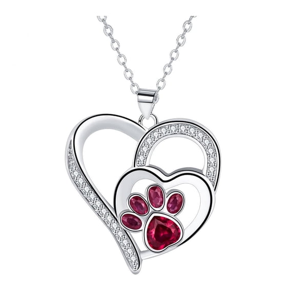Paw Print Heart Necklace for Women, Sterling Silver Plated Dog Cat Paw Pendant with Ruby Cubic Zirconia, Pet Lover Jewelry Gifts for Women Girlfriend Dughter